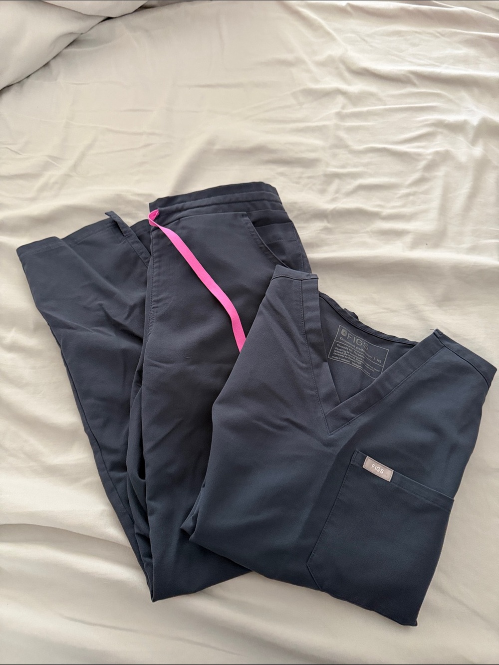 Figs Navy Scrub Top & Pants with Pink Drawstring